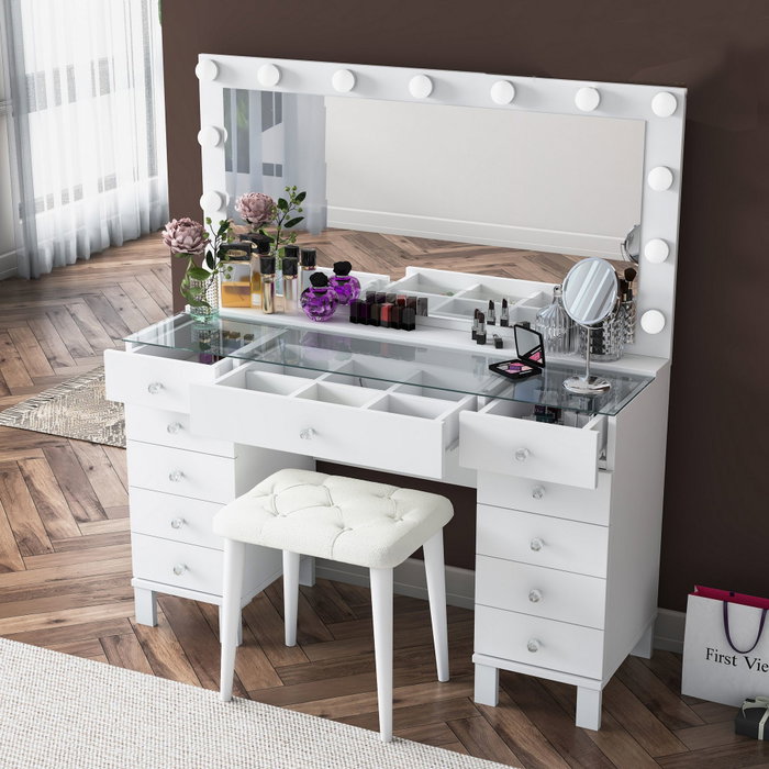 Hanah Home Mesa de Maquillaje BJ163 - 4002 con 13 Focos y Puff Blanco Hanah Home Mesa de Maquillaje BJ163 - 4002 con 13 Focos y Puff Blanco